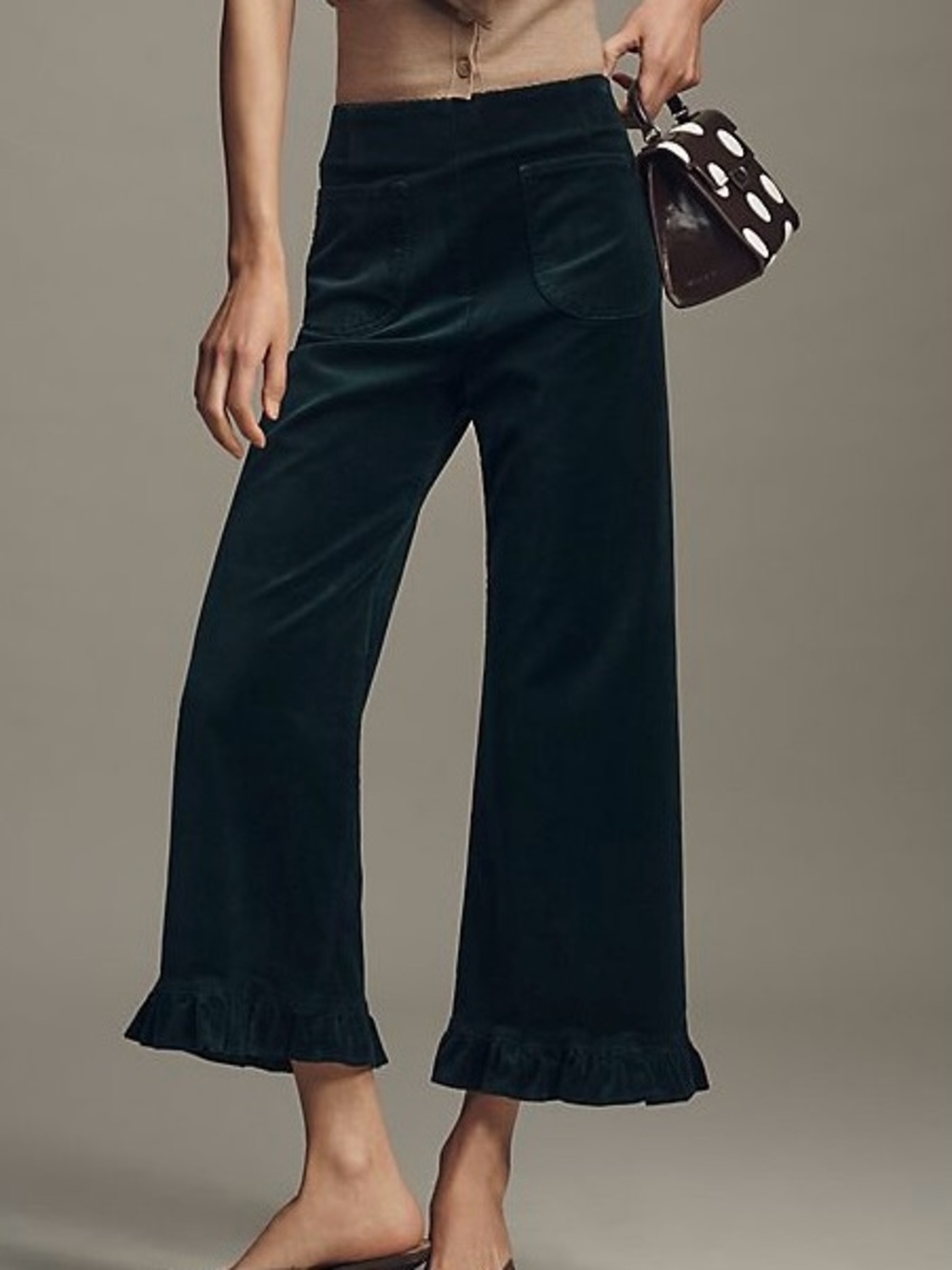 Maeve~Anthropologie Dark Green Velvet Ruffle-Hem Wide Leg Pants